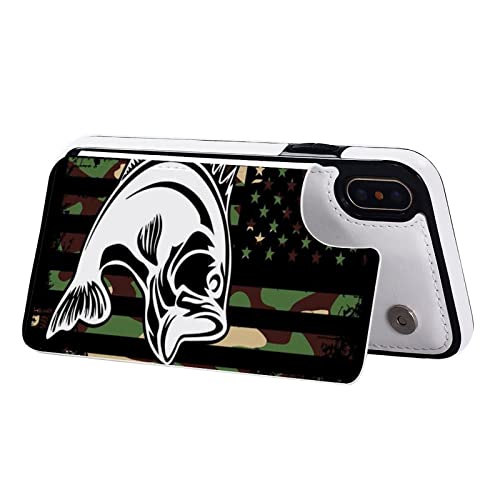 Camouflage American Flag Bass Fishing Wallet Phone Cases Fashion Leather Design Protective Shell Shockproof Cover Compatible with iPhone X/XS