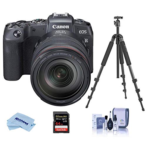 Canon EOS RP Mirrorless Full Frame Digital Camera with RF 24-105mm F4 L is Lens - Bundle with Slik Pro II 4-Section Aluminum Tripod with BallHead Gunmetal, 64GB U3 SDXC Card, Cleaning Kit, Cloth
