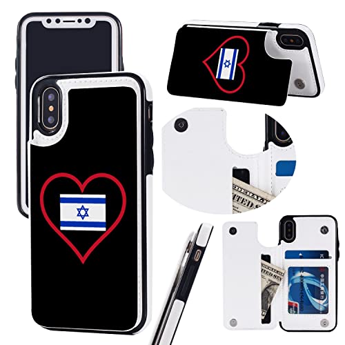 I Love Israel Red Heart Wallet Phone Cases Fashion Leather Design Protective Shell Shockproof Cover Compatible with iPhone X/XS