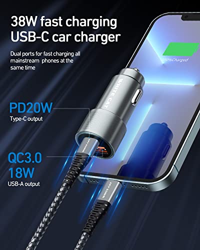 iPhone Car Charger, USB C Fast Car Charger[Apple MFi Certified] White Cat 38W 2-Port PD&QC 3.0 Cigarette Lighter Adapter with 3.3ft USB C to Lightning Cable for iPhone14 13 12 Pro/iPad/AirPods/Samsung