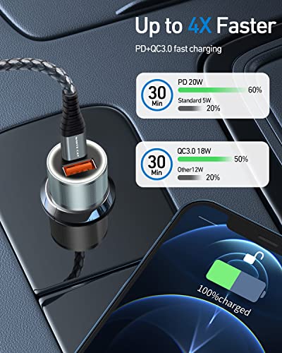 iPhone Car Charger, USB C Fast Car Charger[Apple MFi Certified] White Cat 38W 2-Port PD&QC 3.0 Cigarette Lighter Adapter with 3.3ft USB C to Lightning Cable for iPhone14 13 12 Pro/iPad/AirPods/Samsung