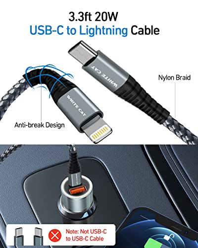 iPhone Car Charger, USB C Fast Car Charger[Apple MFi Certified] White Cat 38W 2-Port PD&QC 3.0 Cigarette Lighter Adapter with 3.3ft USB C to Lightning Cable for iPhone14 13 12 Pro/iPad/AirPods/Samsung