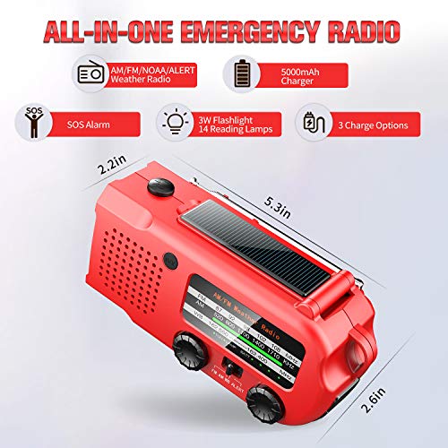 iRonsnow 5000mAh AUTO Alert Emergency Weather Radio, Solar Hand Crank Portable NOAA AM/FM Radio with Headphone Jack Power Bank USB Phone Charger, SOS Alarm Flashlight, Reading Light for Camping Hiking