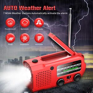 iRonsnow 5000mAh AUTO Alert Emergency Weather Radio, Solar Hand Crank Portable NOAA AM/FM Radio with Headphone Jack Power Bank USB Phone Charger, SOS Alarm Flashlight, Reading Light for Camping Hiking