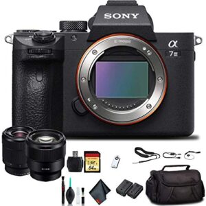 sony alpha a7 iii mirrorless camera with 28-70mm lens ilce7m3k/b with sony fe 85mm lens, soft bag, additional battery, 64gb memory card, card reader, plus essential accessories