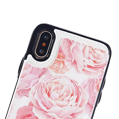 Elegance Color Pink Roses Wallet Phone Cases Fashion Leather Design Protective Shell Shockproof Cover Compatible with iPhone X/XS