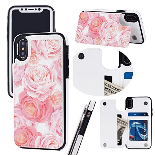 Elegance Color Pink Roses Wallet Phone Cases Fashion Leather Design Protective Shell Shockproof Cover Compatible with iPhone X/XS