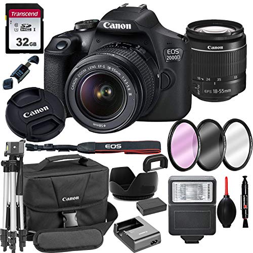 Canon 2000D EOS DSLR Camera with 18-55mm f/3.5-5.6 Zoom Lens + 32GB Card, Tripod, Flash, and More (18pc Bundle) (Renewed)