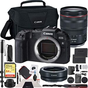 canon eos rp mirrorless camera with rf 24-105mm f4 l is usm lens kit bundle with lens mount adapter, 64gb memory card, shoulder bag, battery and charger kit, monopod and cleaning kit