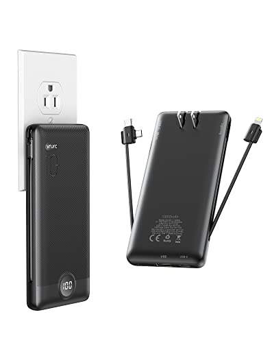 Portable Charger with Built-In Cables and AC Wall Plug,VRURC 10000mAh Phone Charger,5 Output & 2 Input LED Display External Battery Pack,Ultra Slim USB C Power Bank Compatible with Smart Devices-Black