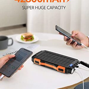 Solar Power Bank,Solar Charger,42800mAh Power Bank,Portable Charger,External Battery Pack 5V3.1A Qc 3.0 Fast Charging Built-in Super Bright Flashlight (Orange)