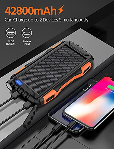 Solar Power Bank,Solar Charger,42800mAh Power Bank,Portable Charger,External Battery Pack 5V3.1A Qc 3.0 Fast Charging Built-in Super Bright Flashlight (Orange)