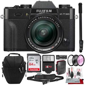 fujifilm x-t30 4k wi-fi mirrorless digital camera with xf 18-55mm lens kit – black with 64gb deluxe bundle and travel photo cleaning kit