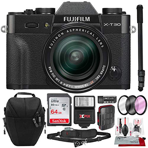 Fujifilm X-T30 4K Wi-Fi Mirrorless Digital Camera with XF 18-55mm Lens Kit - Black with 64GB Deluxe Bundle and Travel Photo Cleaning Kit