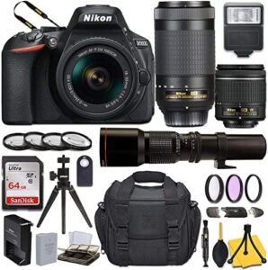 nikon d5600 dslr camera with af-p dx nikkor 18-55mm f/3.5-5.6g vr + af-p dx nikkor 70-300mm f/4.5-6.3g ed + 500mm preset lens and basic travel kit (renewed)