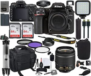 nikon d7500 dslr camera with 18-55mm lens bundle + prime accessory kit including 128gb memory, light, camera case, hand grip & more (renewed)