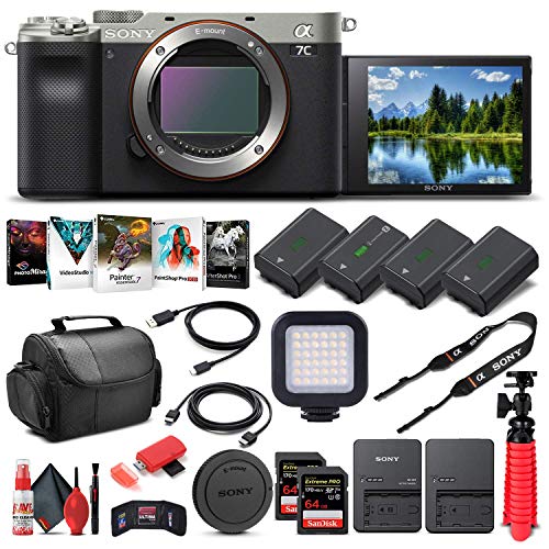 Sony Alpha a7C Mirrorless Digital Camera (Body Only, Silver) (ILCE7C/S) + 2 x 64GB Memory Card + 3 x NP-FZ-100 Battery + Corel Photo Software + Case + External Charger + Card Reader + More (Renewed)