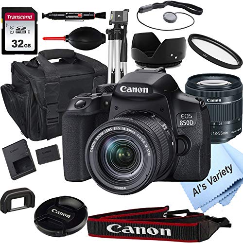 Canon EOS 850D (Rebel T8i) DSLR Camera with 18-55mm f/4-5.6 STM Zoom Lens + 32GB Card, Tripod, Case, and More (18pc Bundle) (Renewed)