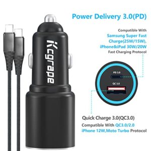 48W USB C Car Charger for iPhone 12 14 13 Pro Max,PD 30W&Quick Charge 3.0 Fast Cigarette Lighter Car Charger Adapter with Cable for Samsung Galaxy A52 A51 A71 A53 A13 5G/A32 A42 A12,Pixel 6 5A 4A XL