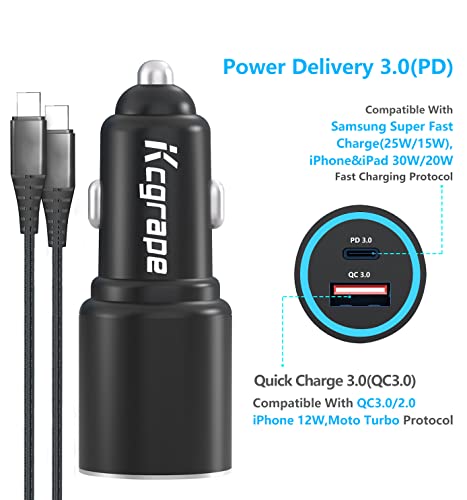 48W USB C Car Charger for iPhone 12 14 13 Pro Max,PD 30W&Quick Charge 3.0 Fast Cigarette Lighter Car Charger Adapter with Cable for Samsung Galaxy A52 A51 A71 A53 A13 5G/A32 A42 A12,Pixel 6 5A 4A XL