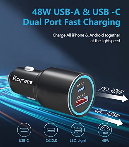 48W USB C Car Charger for iPhone 12 14 13 Pro Max,PD 30W&Quick Charge 3.0 Fast Cigarette Lighter Car Charger Adapter with Cable for Samsung Galaxy A52 A51 A71 A53 A13 5G/A32 A42 A12,Pixel 6 5A 4A XL