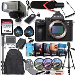 sony alpha a7 iii mirrorless digital camera (body only) ilce7m3/b bundle with telephoto and wide-angle lens set, 128gb memory card, microphone, ttl flash, camera bag and accessories