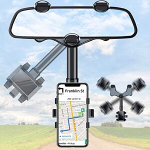 Rearview Mirror Phone Holder for Car, Rotatable and Retractable Car Phone Holder Mount 360° Adjustable Pro Clip On Car Rear View Mirror Phone Holder Universal 3-7” Mobile Phone Holder Cradle for Car