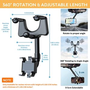 Rearview Mirror Phone Holder for Car, Rotatable and Retractable Car Phone Holder Mount 360° Adjustable Pro Clip On Car Rear View Mirror Phone Holder Universal 3-7” Mobile Phone Holder Cradle for Car