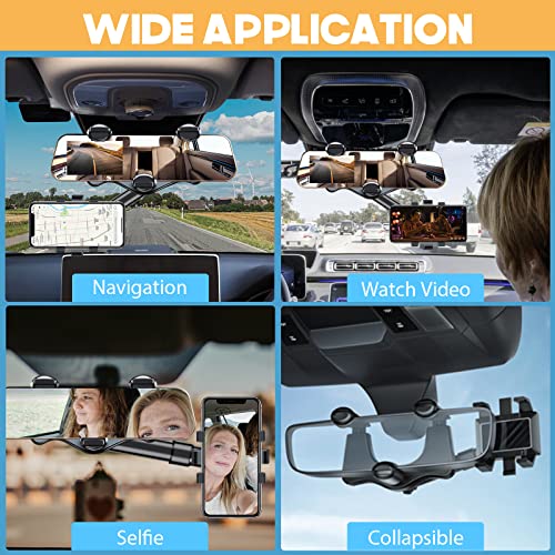 Rearview Mirror Phone Holder for Car, Rotatable and Retractable Car Phone Holder Mount 360° Adjustable Pro Clip On Car Rear View Mirror Phone Holder Universal 3-7” Mobile Phone Holder Cradle for Car