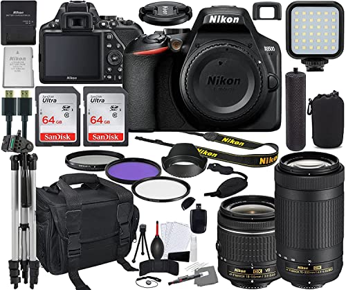 Nikon D3500 DSLR Camera with 18-55mm and 70-300mm Lens Bundle (1588) + Prime Accessory Kit Including 128GB Memory, Light, Camera Case, Hand Grip & More (28 Pieces) (Renewed)