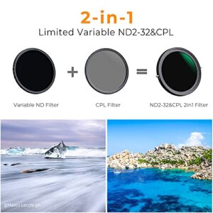 K&F Concept 49mm Variable Fader ND2-ND32 ND Filter and CPL Circular Polarizing Filter 2 in 1 for Camera Lens No X Spot Waterproof Scratch Resistant (Nano-X Series)