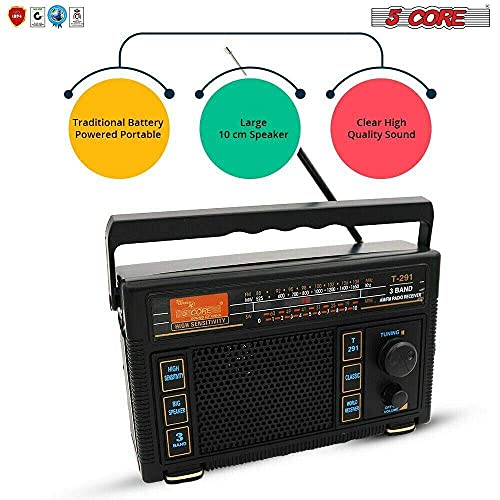 5 Core Portable Radio AM/FM Classic Vintage Battery Operated Radio Retro Transistor Best Reception Antenna Sound 3 Band Indoor and Outdoor Radio T-291