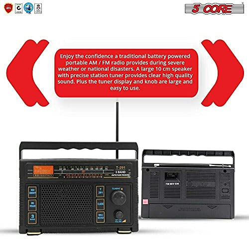 5 Core Portable Radio AM/FM Classic Vintage Battery Operated Radio Retro Transistor Best Reception Antenna Sound 3 Band Indoor and Outdoor Radio T-291