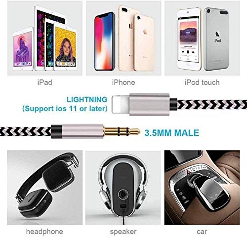 [Apple MFi Certified] Car AUX Cord for iPhone, [3.3FT/1.0M] Lightning to 3.5mm Nylon Braided Stereo Audio Cable Compatible with iPhone 12/11/XS/XR/X 8 7, iPad to Speaker/Home Stereo/Headphone (Sliver)