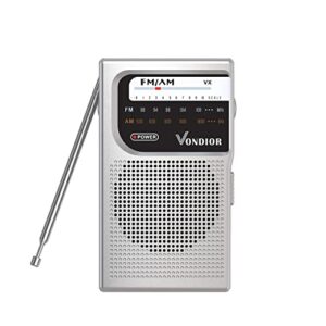 vondior am/fm battery operated portable pocket radio – best reception and longest lasting. am fm compact transistor radios player operated by 2 aa battery, mono headphone socket, by vondior (silver)