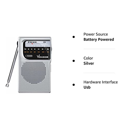 Vondior AM/FM Battery Operated Portable Pocket Radio - Best Reception and Longest Lasting. AM FM Compact Transistor Radios Player Operated by 2 AA Battery, Mono Headphone Socket, by Vondior (Silver)