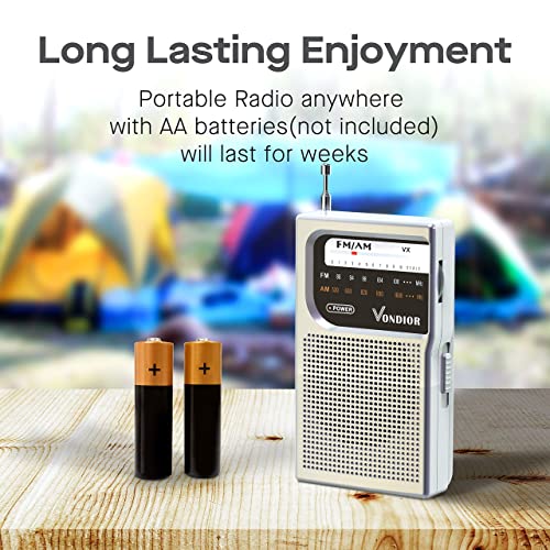 Vondior AM/FM Battery Operated Portable Pocket Radio - Best Reception and Longest Lasting. AM FM Compact Transistor Radios Player Operated by 2 AA Battery, Mono Headphone Socket, by Vondior (Silver)