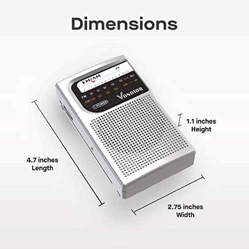 Vondior AM/FM Battery Operated Portable Pocket Radio - Best Reception and Longest Lasting. AM FM Compact Transistor Radios Player Operated by 2 AA Battery, Mono Headphone Socket, by Vondior (Silver)