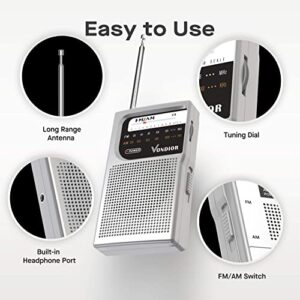 Vondior AM/FM Battery Operated Portable Pocket Radio - Best Reception and Longest Lasting. AM FM Compact Transistor Radios Player Operated by 2 AA Battery, Mono Headphone Socket, by Vondior (Silver)