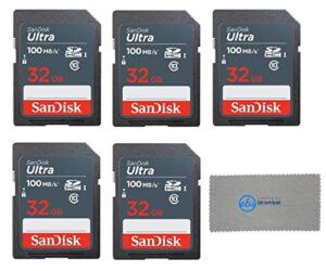 sandisk 32gb ultra sd memory card (5 pack) sdhc uhs-i card class 10 (sdsdunr-032g-gn3in) bundle with 1 everything but stromboli microfiber cloth