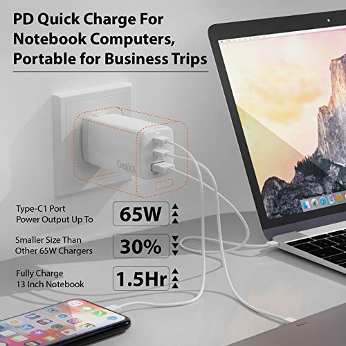 Ceptics USB C Wall Charger, 65W Ultra Compact with Quick Charge 3.0 PD Power Delivery - GAN TECH - Small USB + Dual USB-C - 3 Ports Total - Powerful - Fast QC & PD - White (NAN-65W)