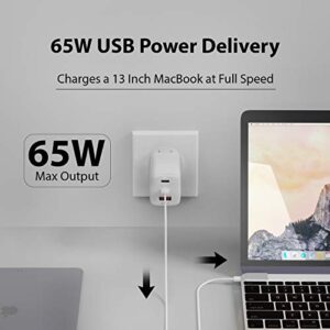 Ceptics USB C Wall Charger, 65W Ultra Compact with Quick Charge 3.0 PD Power Delivery - GAN TECH - Small USB + Dual USB-C - 3 Ports Total - Powerful - Fast QC & PD - White (NAN-65W)