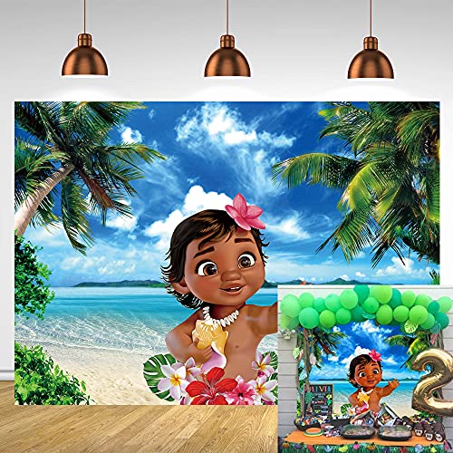 Baby Moana Backdrop Green Coco Tree Leaves Blue Ocean Photo Background Moana Themed Photography Backdrop7x5FT (7x5FT)