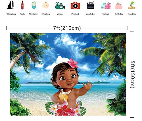 Baby Moana Backdrop Green Coco Tree Leaves Blue Ocean Photo Background Moana Themed Photography Backdrop7x5FT (7x5FT)