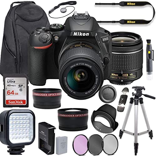 Nikon D5600 DSLR Camera Video Kit with AF-P 18-55mm VR Lens + LED Light + Deluxe Backpack + 64GB Memory + Professional Photo Accessories (19 Items) (Renewed)