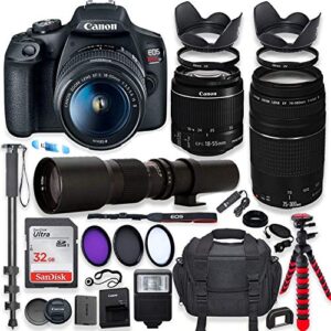 canon eos rebel t7 dslr camera with 18-55mm is ii lens & canon ef 75-300mm f/4-5.6 iii lens bundle + 500mm preset lens + 32gb memory + filters + professional bundle (renewed)