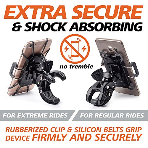 Bike & Motorcycle Phone Mount - For iPhone 14 (13, Xr, SE, Max/Plus), Galaxy S22 or any Cell Phone - Universal ATV, Mountain & Road Bicycle Handlebar Holder. +100 to Safeness & Comfort