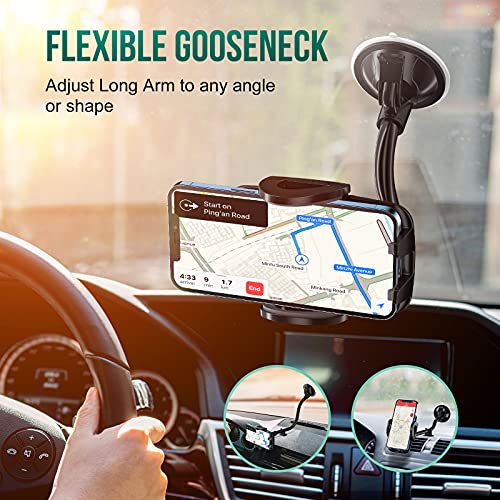 Windshield Car Phone Mount, Gooseneck Cell Phone Holder Car Window, Universal 360 Degree Rotation Long Arm Windscreen Suction Cup Cradle Flexible with Anti-Shake Stablier for iPhone, Samsung Galaxy