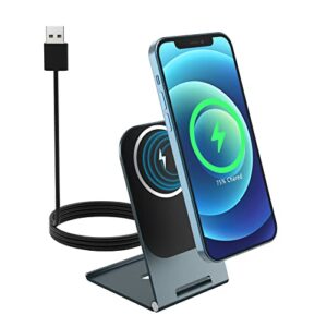 moko armor foldable magnetic wireless charger stand aluminum alloy, compatible with iphone 14/13/12 pro/pro max fast charging station dock wireless magsafe desk charger holder,light gunmetal