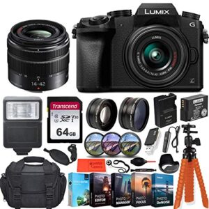 panasonic lumix dmc-g7 4k wi-fi digital camera & 14-42mm lens (black) + 64gb transcend memory card + battery & charger + case + spider tripod and more…